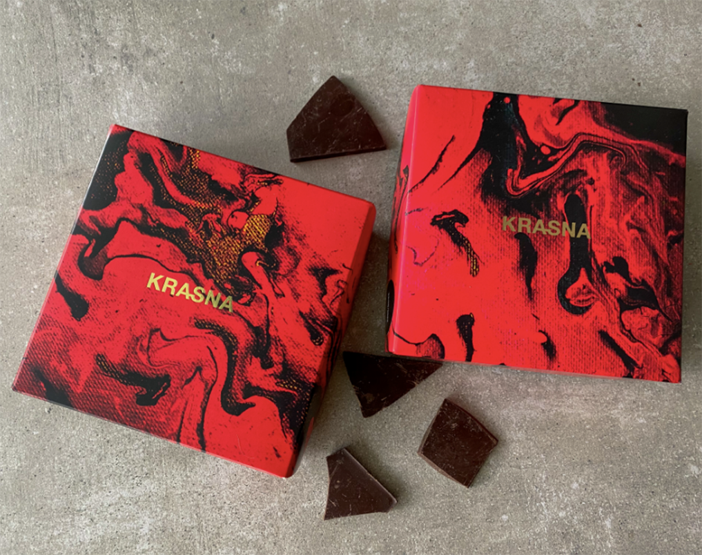 Heels Make Deals Krasna Chocolate Feminine Elegant Packaging Design in Red Black and Gold, Luxury Chocolate Branding 