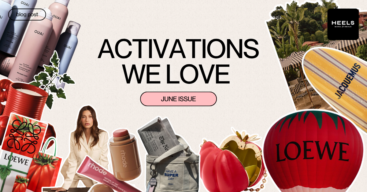 Collage-style cover featuring branded summer imagery — a tomato-shaped hot air balloon, a laundromat pop-up, sunbeds by the sea, and soft-glow product shots — representing bold brand activations by OUAI, Rhode, Jacquemus, and LOEWE.
