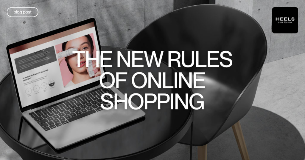 Blog post cover showing laptop with digital skincare experience and headline “The New Rules of Online Shopping” – online shopping trends 2025