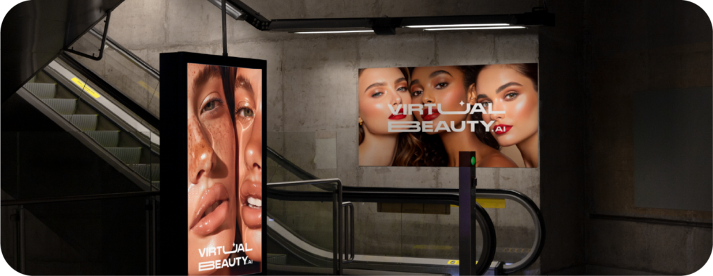 Virtual Beauty AI campaign display in public space – digital branding for online shopping trends 2025