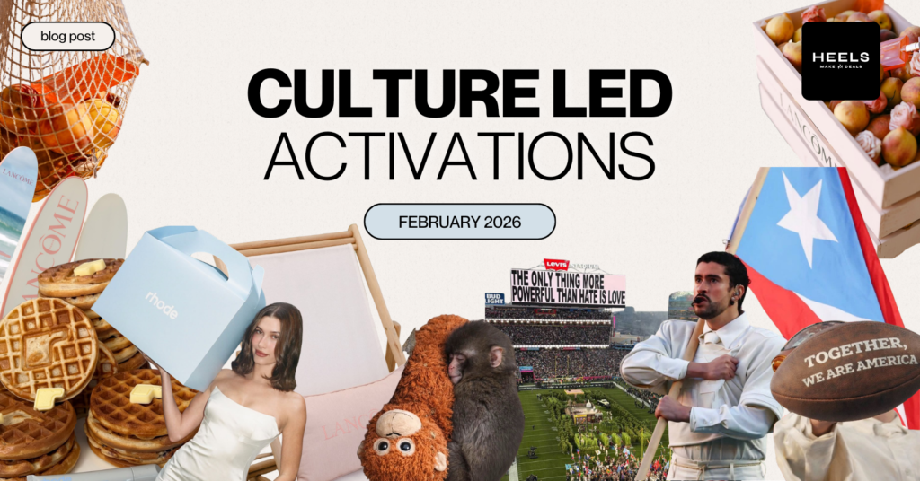 Blog cover showing four culture-led brand activation examples: Rhode x MECCA, IKEA Baby Monkey Punch, Lancôme Itacaré trip, and Bad Bunny Super Bowl LX